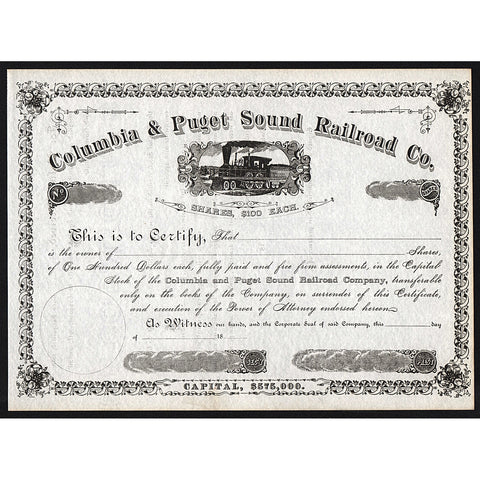 Columbia & Puget Sound Railroad Company Stock Certificate