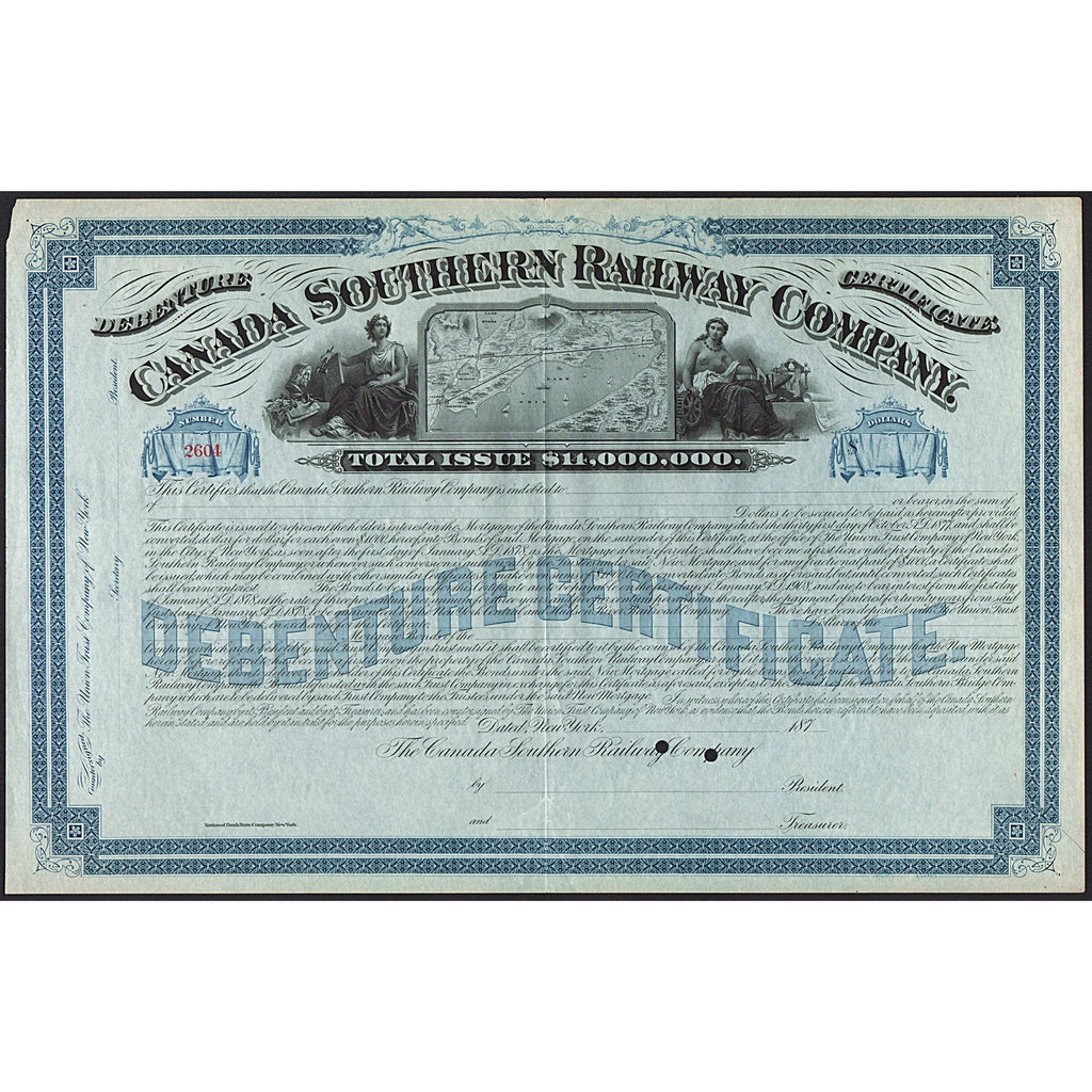 Canada Southern Railway Company Debenture 1870s Bond Certificate