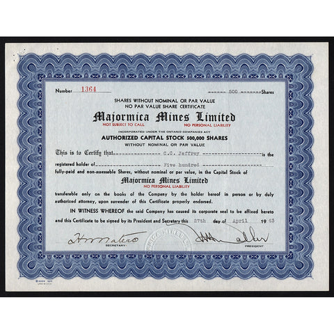 Majormica Mines Limited Ontario Stock Certificate