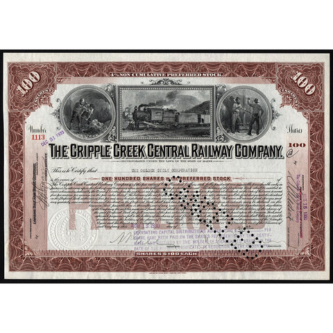 The Cripple Creek Central Railway Company 1930 Maine Stock Certificate