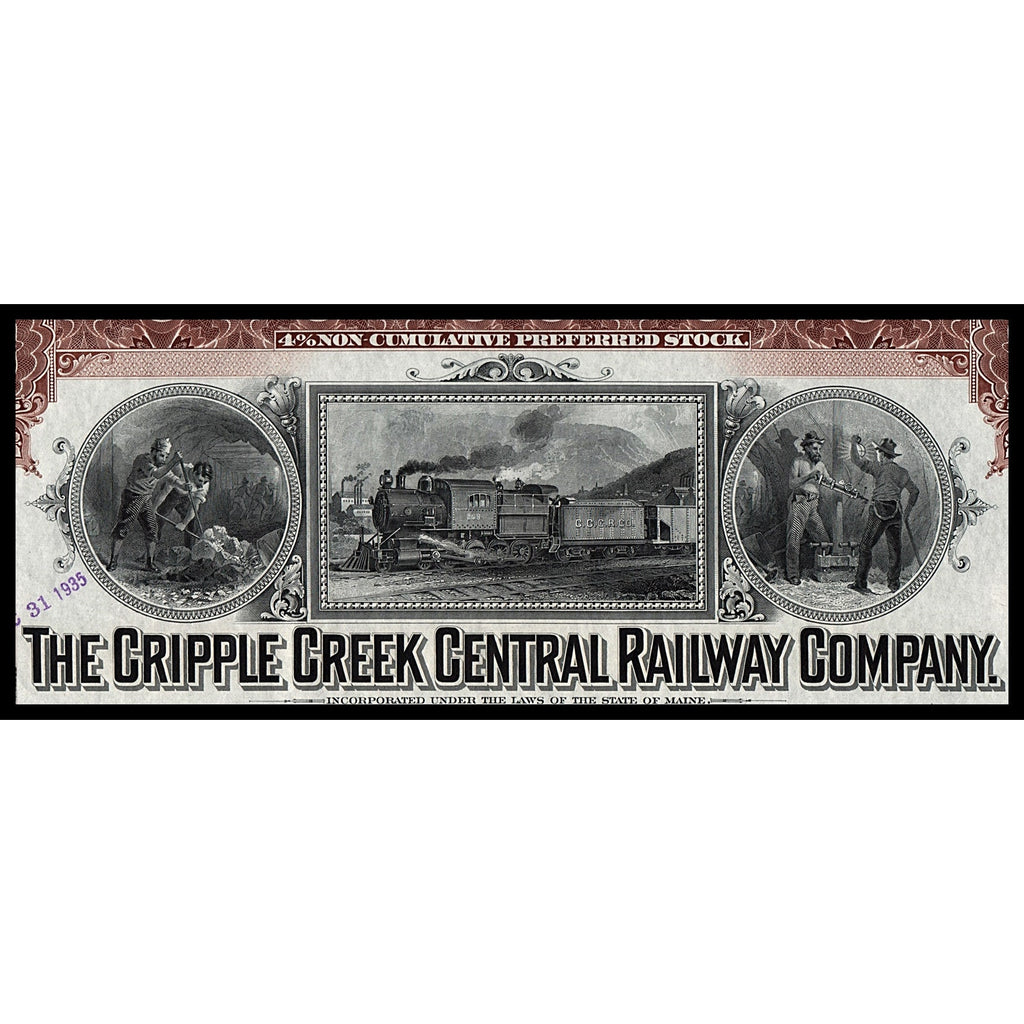 The Cripple Creek Central Railway Company Maine Stock Certificate
