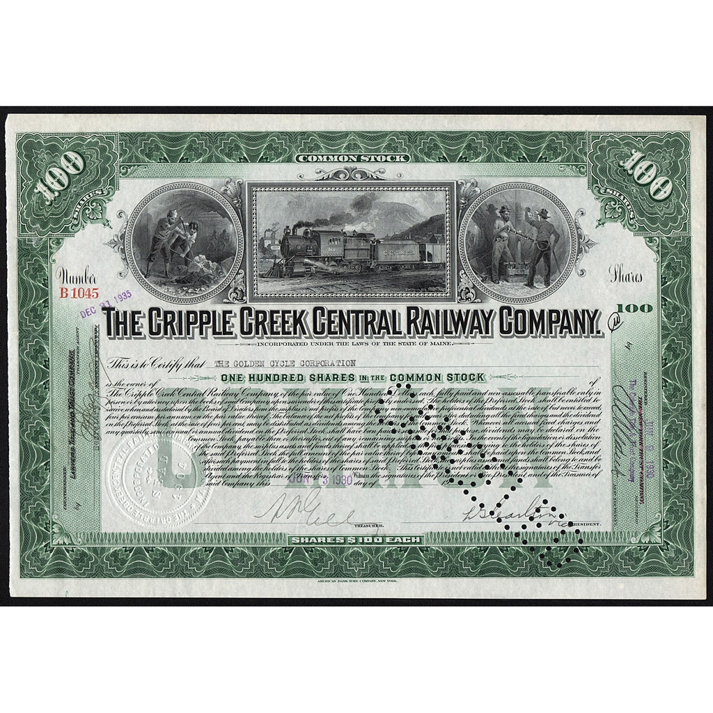 The Cripple Creek Central Railway Company Maine 1930 Stock Certificate