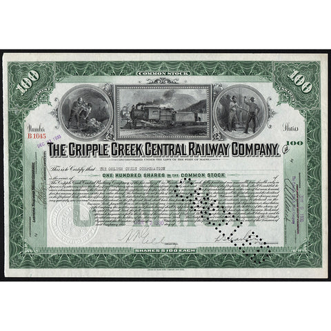 The Cripple Creek Central Railway Company Maine 1930 Stock Certificate