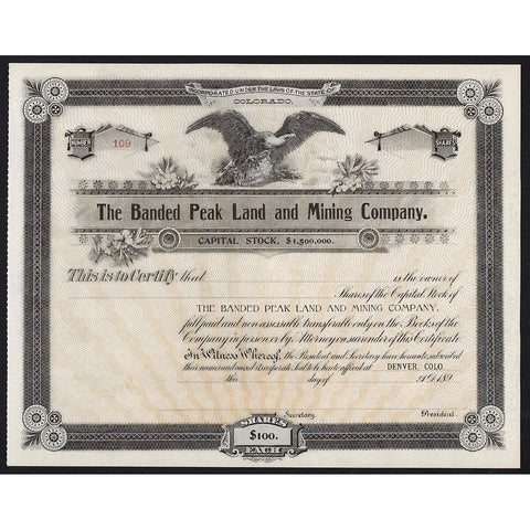 The Banded Peak Land and Mining Company Denver Colorado Stock Certificate