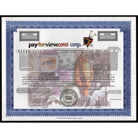 payforview.com corp. - Specimen dotcom Stock Certificate