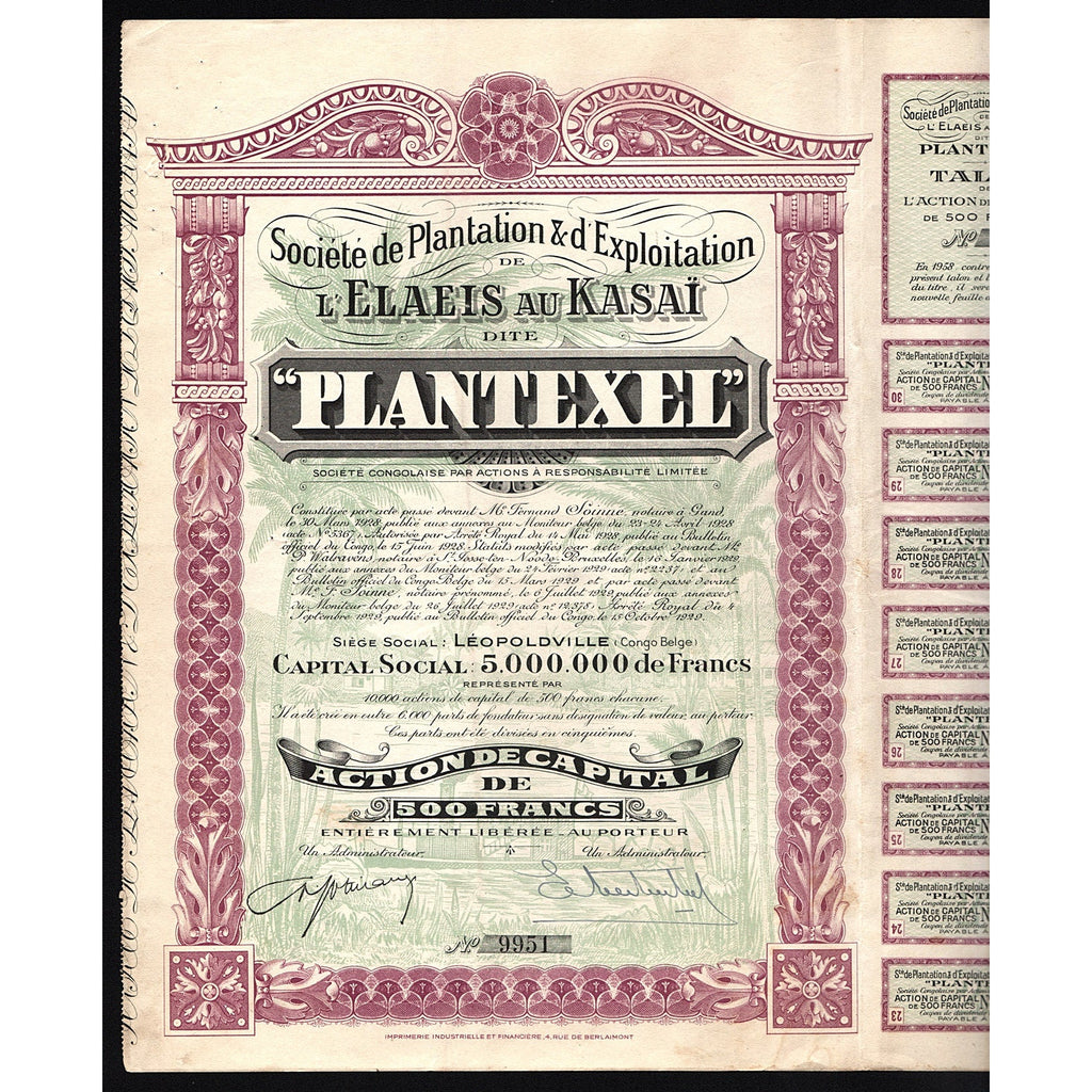 Societe de Plantation & d'Exploitation de l'Elaeis au Kasai dite "PLANTEXEL" Congo Stock Certificate