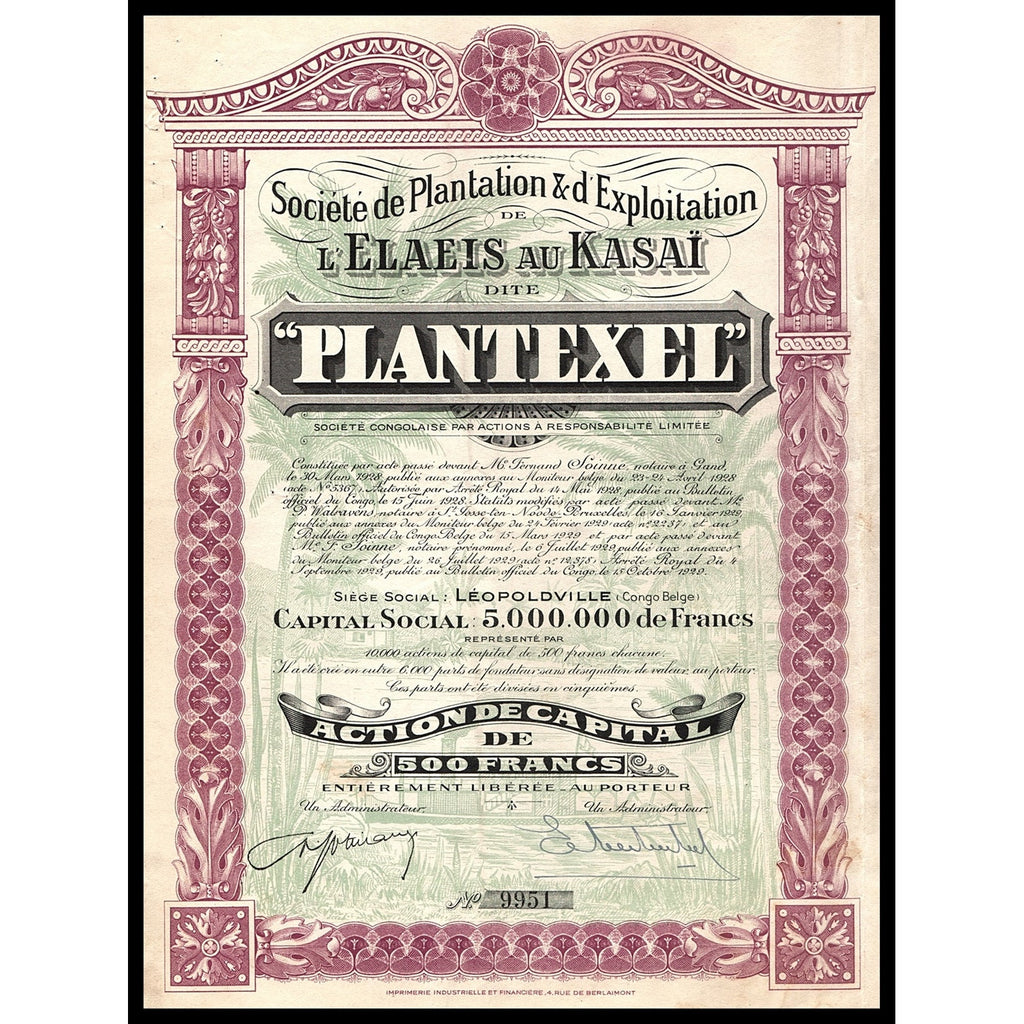 Plantation & d'Exploitation de l'Elaeis au Kasai dite "PLANTEXEL" Congo Stock Certificate