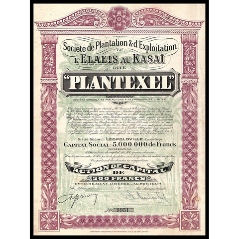 Plantation & d'Exploitation de l'Elaeis au Kasai dite "PLANTEXEL" Congo Stock Certificate