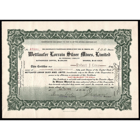 Wettlaufer Lorrain Silver Mines Ontario Canada Stock Certificate