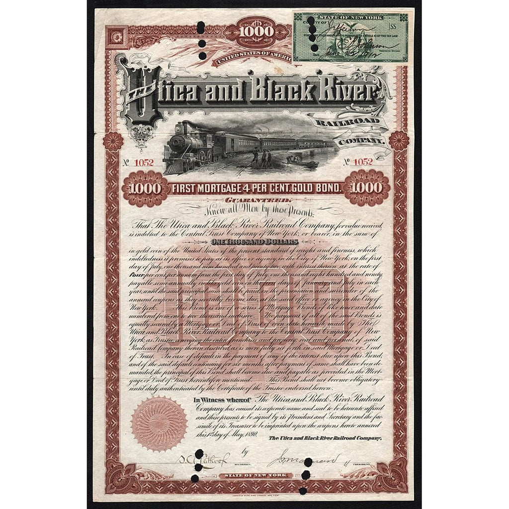 The Utica and Black River Railroad Company Gold Bond Certificate