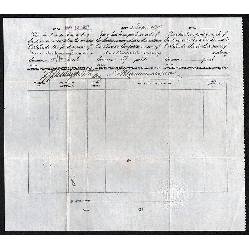 Hannan's Virginia Gold Mining and Developing Company, Limited Stock Certificate