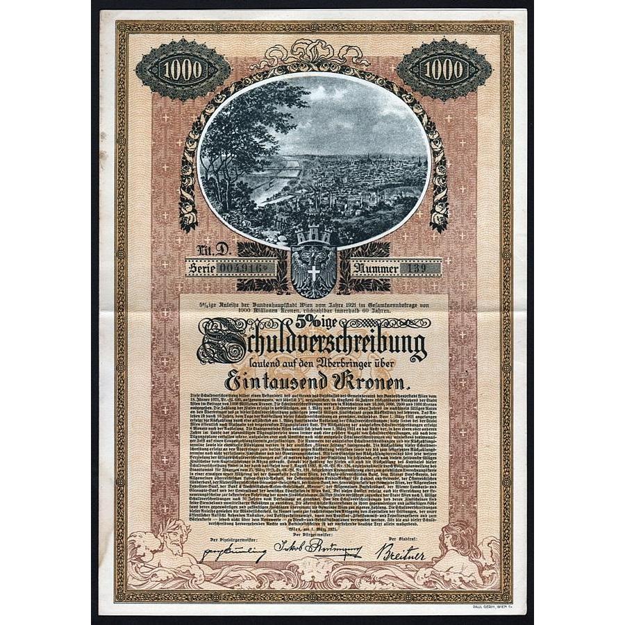 5%ige Anleihe der Bundeshauptstadt Wien vom Jahre 1921 Vienna Austria Stock Certificate