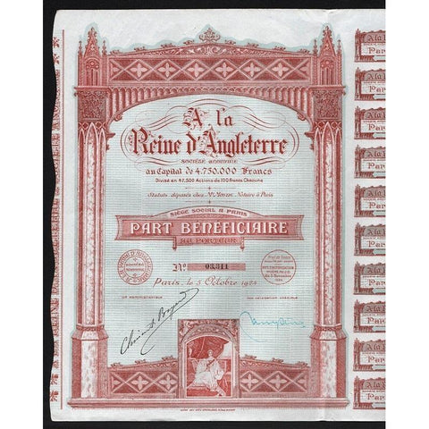 A la Reine d'Angleterre Societe Anonyme 1924 Stock Certificate