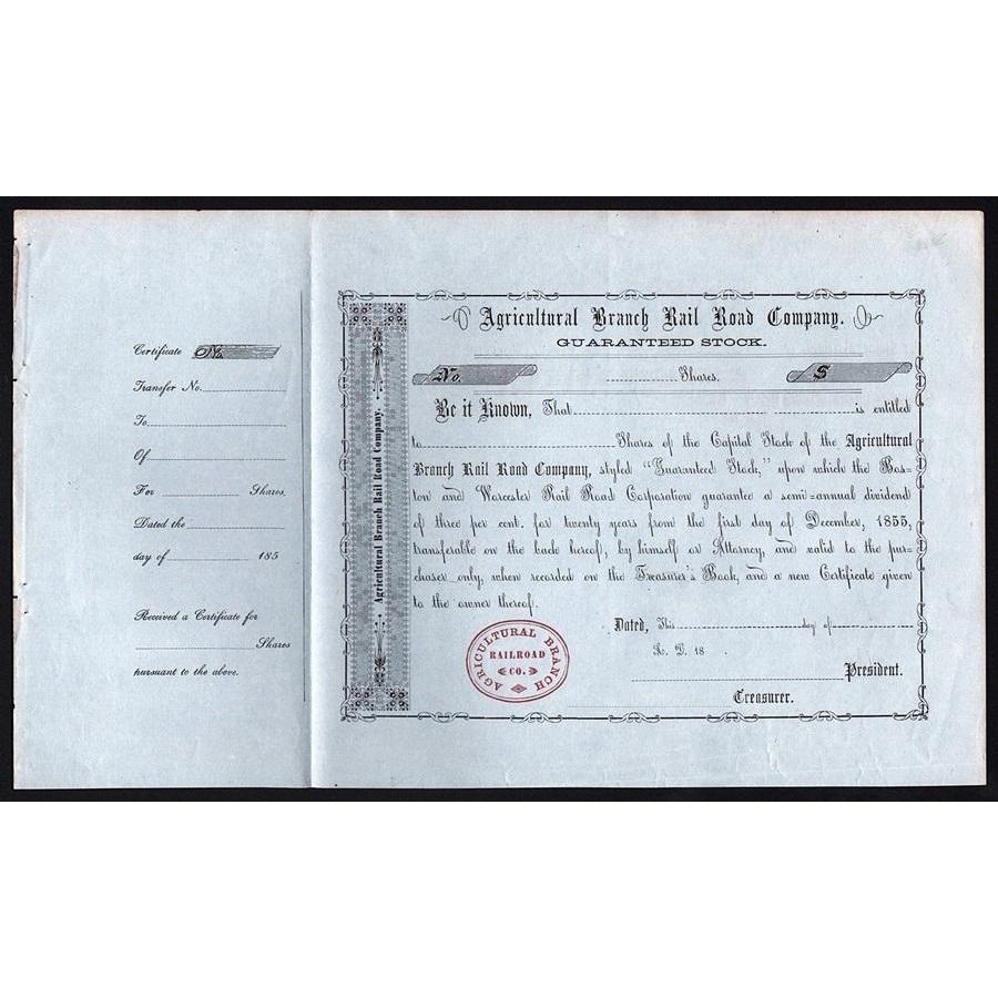 Agricultural Branch Rail Road Company Stock Certificate