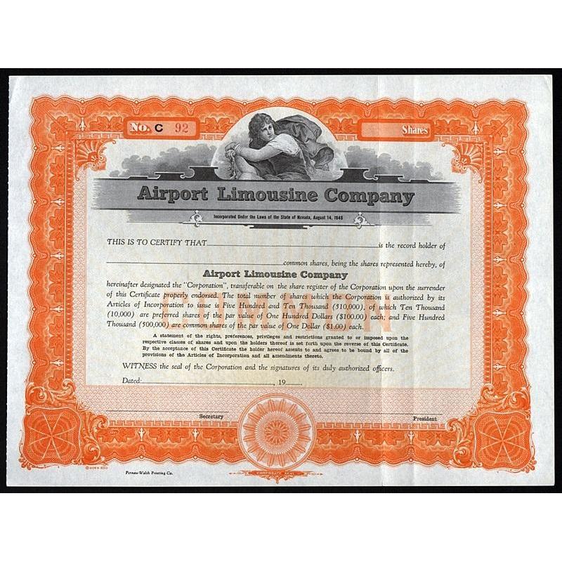 Airport Limousine Company Stock Certificate