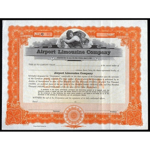 Airport Limousine Company Stock Certificate
