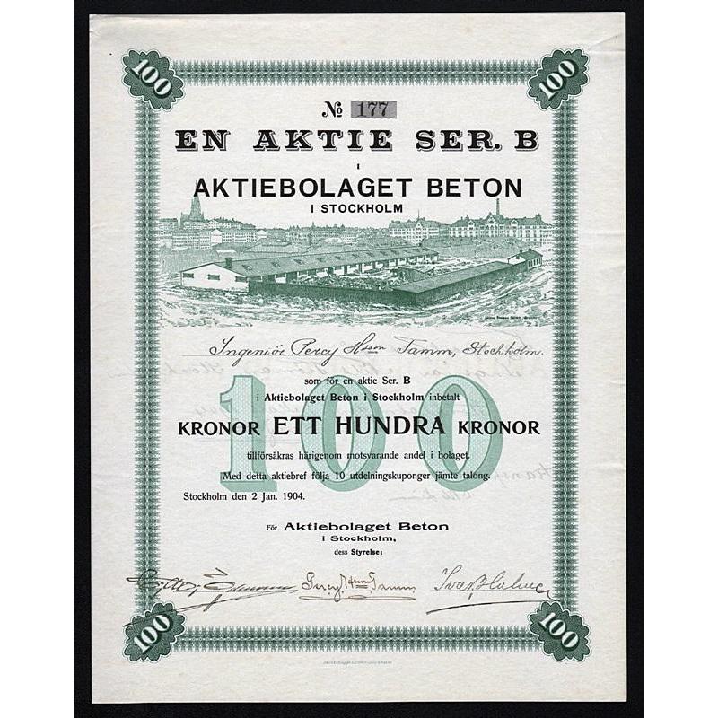 Aktiebolaget Beton i Stockholm Stock Certificate