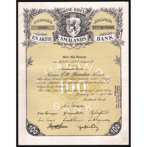 Aktiebolaget Smålands Bank Stock Certificate