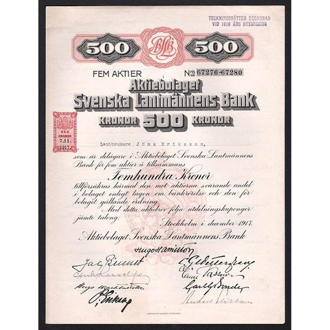 Aktiebolaget Svenska Lantmännens Bank Stock Certificate