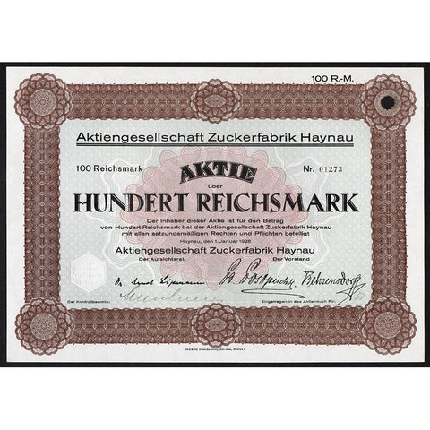 Aktiengesellschaft Zuckerfabrik Haynau Stock Certificate