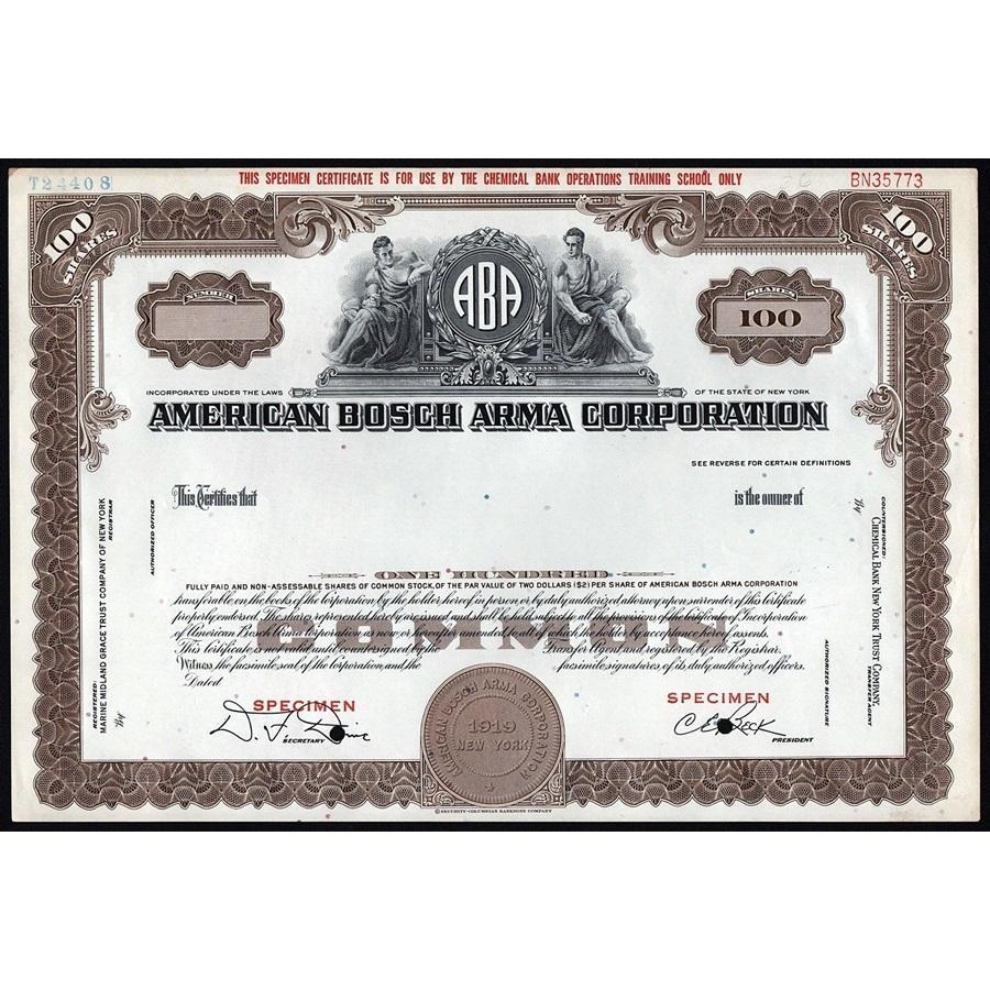 American Bosch Arma Corporation Stock Certificate