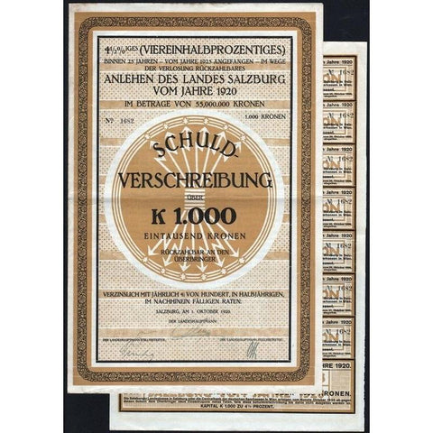 Anlehen des Landes Salzburg vom Jahre 1920 Stock Certificate
