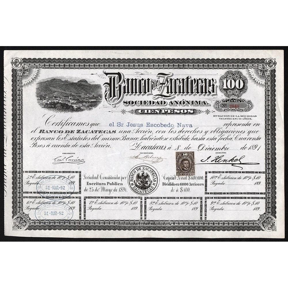 Banco de Zacatecas Sociedad Anonima 1891 Mexico Stock Certificate