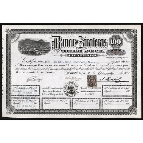 Banco de Zacatecas Sociedad Anonima 1891 Mexico Stock Certificate