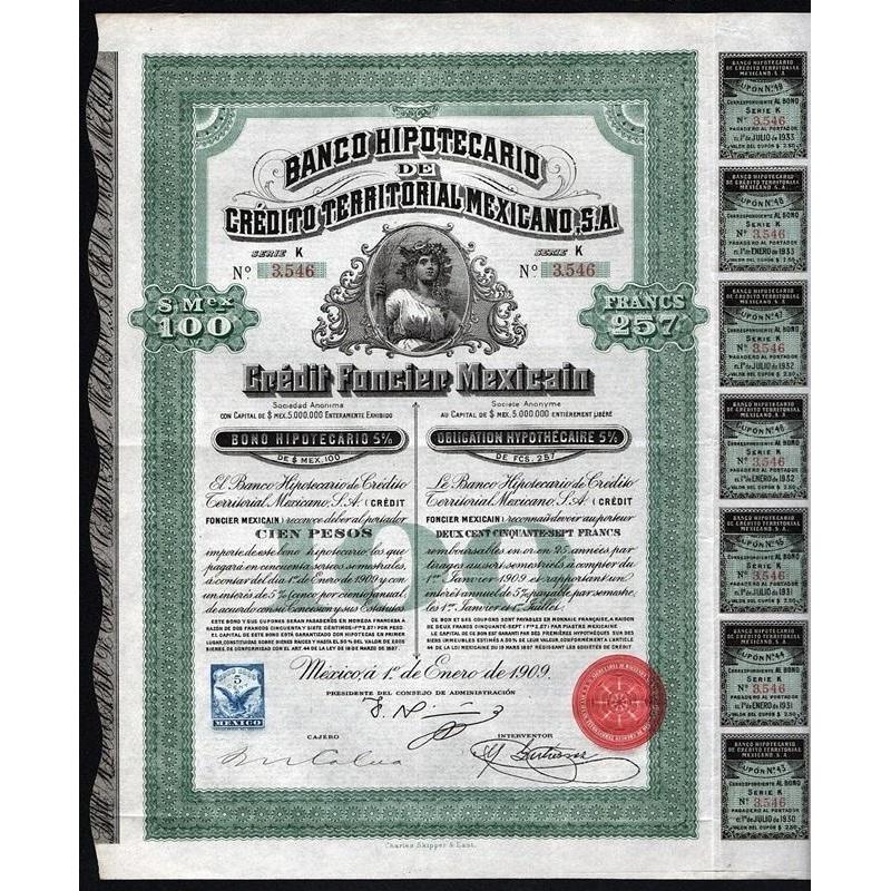 Banco Hipotecario de Credito Territorial Mexicano, S.A. 1909 Mexico Stock Certificate