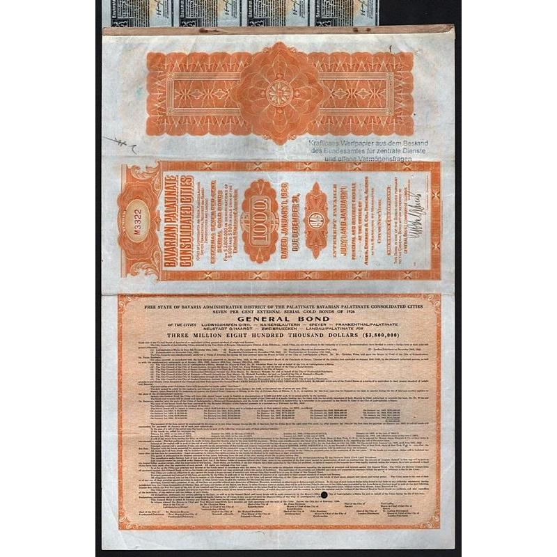 Bavarian Palatinate Consolidated Cities 1926 Germany Gold Bond Certificate