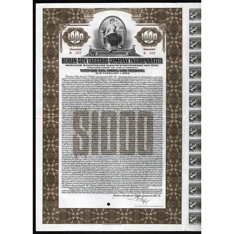 Berlin City Electric Company, Incorporated (Berliner Staedtische Elektrizitaetswerke Akt.-Ges.) Stock Certificate
