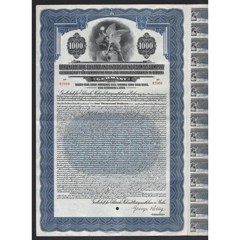 Berlin Electric Elevated & Underground Railways Company (Gesellschaft für Elektrische-Hoch-und Untergrundbahnen in Berlin) Germany Stock Certificate