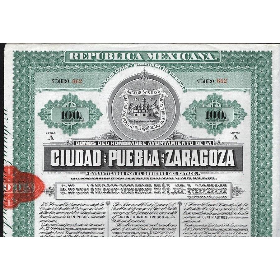 Bonos del Honorable Ayuntamiento de la Ciudad de Puebla de Zaragoza Stock Certificate