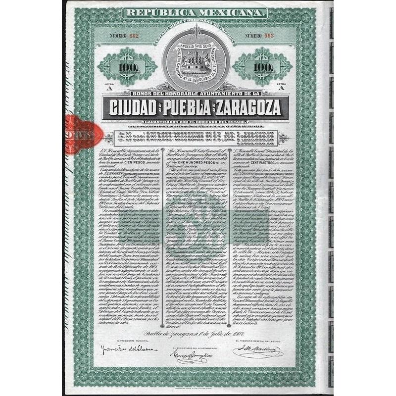 Bonos del Honorable Ayuntamiento de la Ciudad de Puebla de Zaragoza Stock Certificate