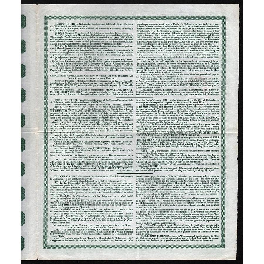 Bonos del Municipio de Chihuahua 1910 Mexico Bond Certificate