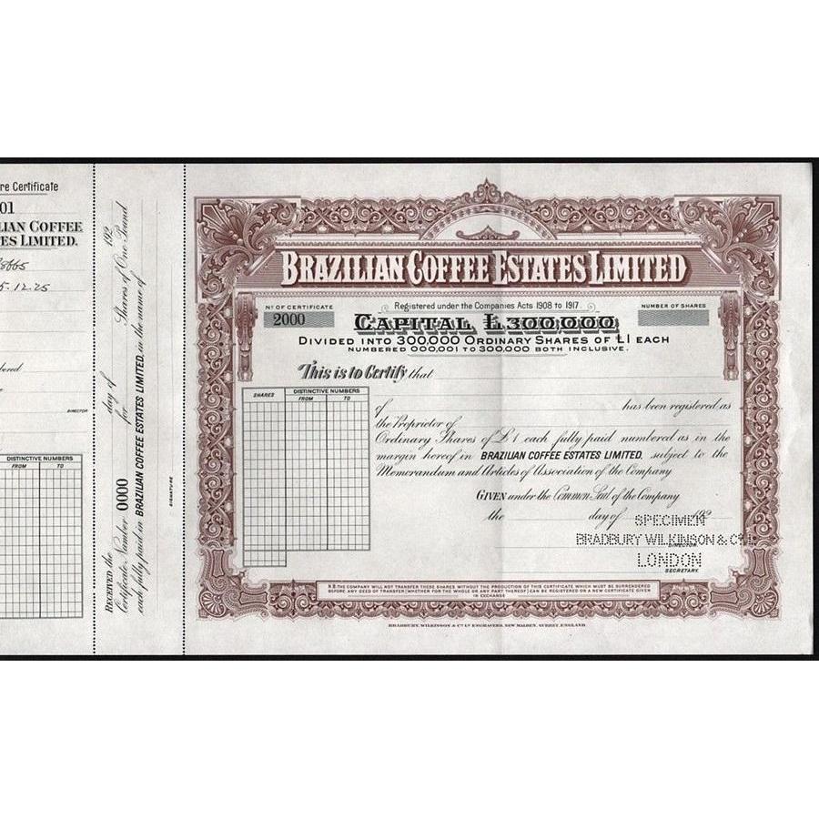 Brazilian Coffee Estates Limited (Specimen) Stock Certificate