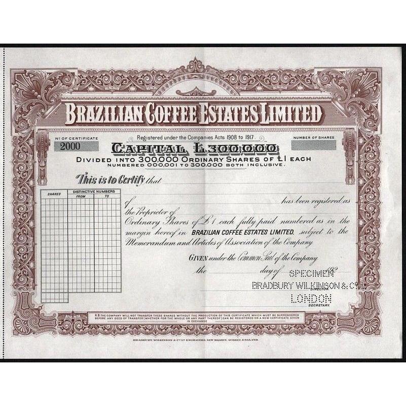Brazilian Coffee Estates Limited (Specimen) Stock Certificate