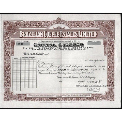 Brazilian Coffee Estates Limited (Specimen) Stock Certificate