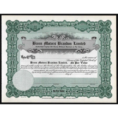 Breen Motors Brandon Limited Manitoba Canada Stock Certificate