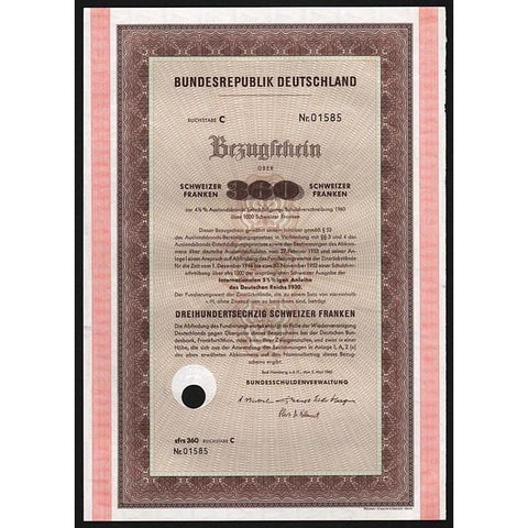Bundesrepublik Deutschland, Bezugschein über 360 Schweizer Franken Stock Certificate