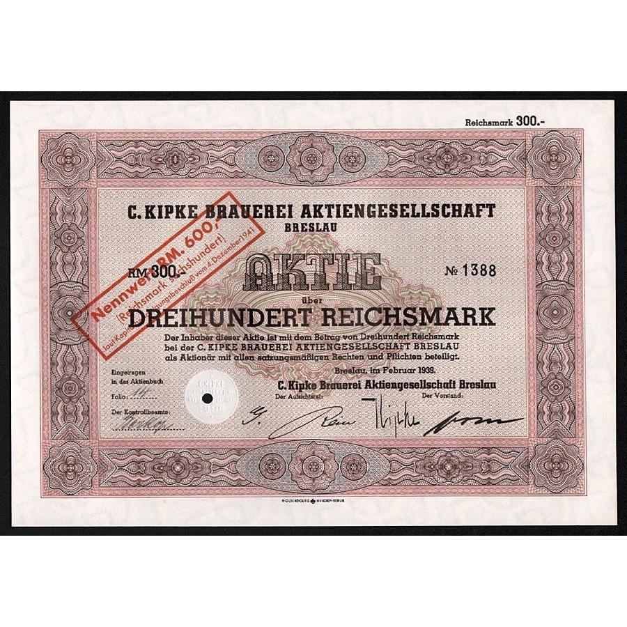 C. Kipke Brauerei Aktiengesellschaft Breslau 1939 Germany Stock Certificate