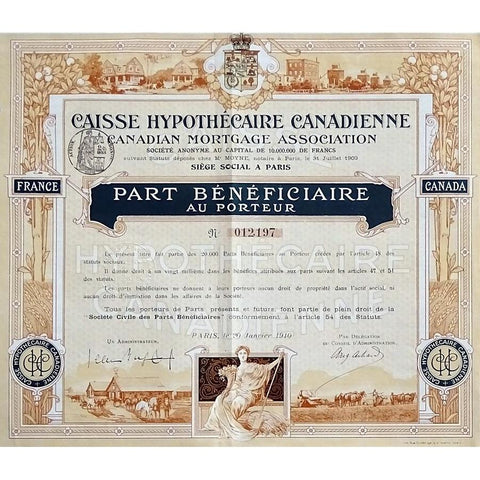 Caisse Hypothecaire Canadienne / Canadian Mortgage Association Stock Certificate