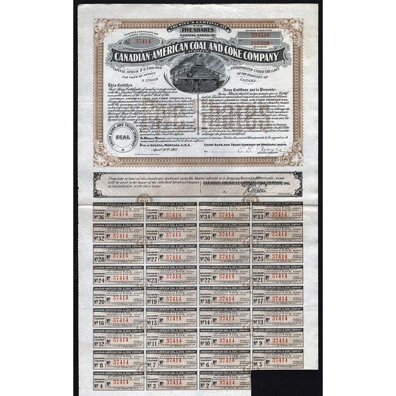 Canadian-American Coal and Coke Company Limited 1903 Helena Montana Stock Certificate