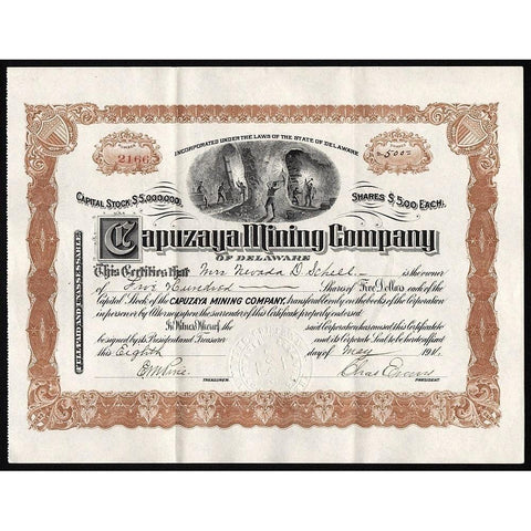 Capuzaya Mining Company Stock Certificate