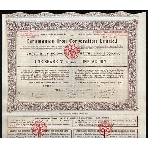 Caramanian Iron Corporation, Limited 1907 Turkey France Stock Certificate
