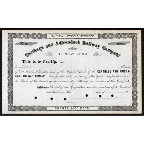 Carthage and Adirondack Railway Company of New York Stock Certificate