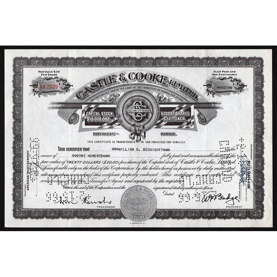 Castle & Cooke Limited (Honolulu, Hawaii) Stock Certificate