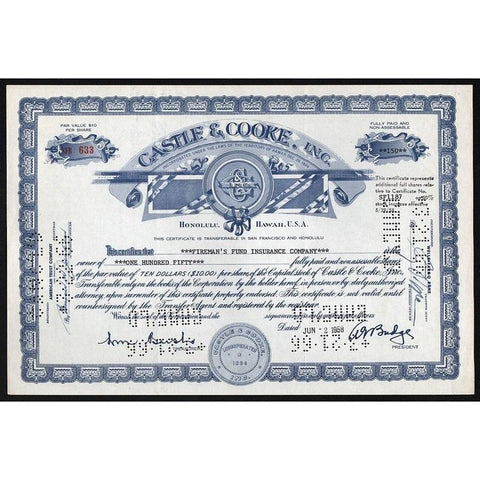 Castle & Cooke Limited (Honolulu, Hawaii) Stock Certificate