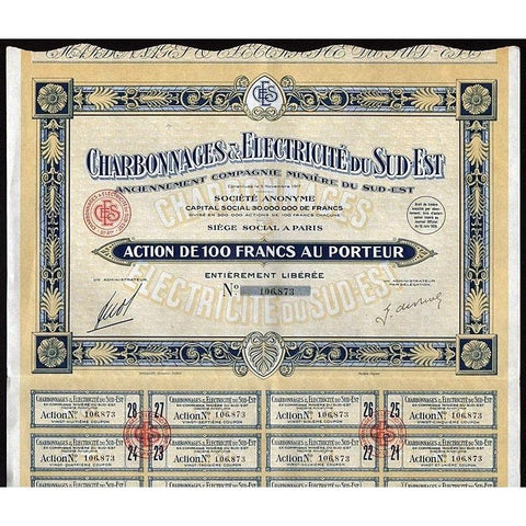 Charbonnages & Electricite du Sud-Est - Anciennement Compagnie Miniere due Sud-Est Stock Certificate