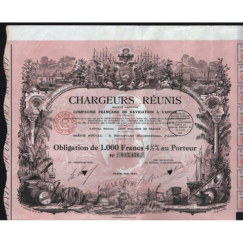 Chargeurs Reunis Societe Anonyme, Compagnie Francaise de Navigation a Vapeur Stock Certificate